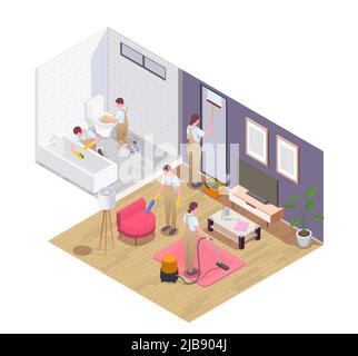 Professionelle Reinigung Service-Team bei der Arbeit Staubsaugen Teppich Möbel Quietschen Fenster Waschen Desinfektion Bad isometrischen Vektor Illustration Stock Vektor