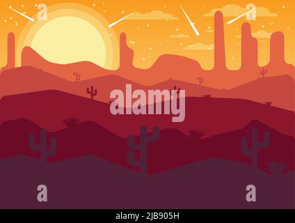 vector Illustrator flache Landschaft Wüstennacht mit Kometen, Vektor-Llustration Stock Vektor