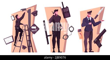 Sicherheitsdienst flache Kompositionen mit Menschen arbeiten Bodyguard Hause und Büro Sicherheit isoliert Vektor-Illustration Stock Vektor