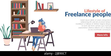 Hintergrund für freiberufliche und Remote-Mitarbeiter mit mehr Info-Schaltflächentext und Bildern der Vektorgrafik für den Arbeitsprozess zu Hause Stock Vektor