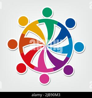 Gruppe von acht Personen Logo in einem Kreis.Personen Teamarbeit Holding Stock Vektor