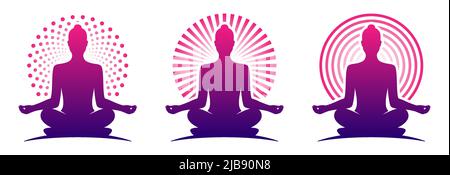 Frau Yoga lila Logo Vektor-Vorlagen. Meditierender Weibchen in einer Lotus-Zen-Pose mit einem runden Halo.