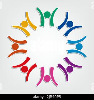 Gruppe von acht Personen Logo in einem Kreis.Personen Teamarbeit Holding Stock Vektor