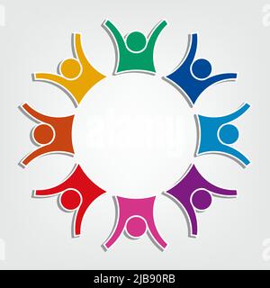 Gruppe von acht Personen Logo in einem Kreis.Personen Teamarbeit Holding Stock Vektor