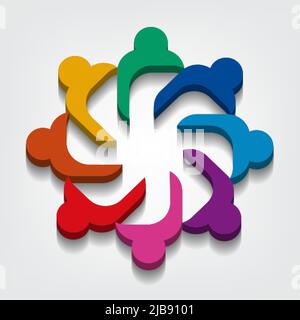 Gruppe von acht Personen Logo in einem Kreis.Personen Teamarbeit Holding Standpunkt 3D Stock Vektor