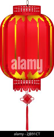 Rote chinesische Laterne von zylindrischer Form realistische Zusammensetzung mit hängenden Laterne Bild Vektor-Illustration Stock Vektor