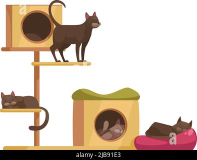 Cartoon-Symbol mit niedlichen Katzen sitzen und schlafen auf Katzenbaum mit Kratzern Vektor-Illustration Stock Vektor