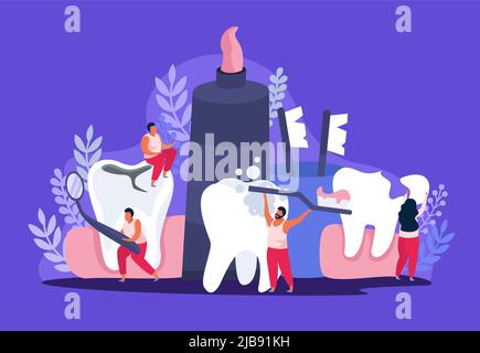 Zahngesundheit flache Zusammensetzung von Doodle Bilder menschliche Zeichen Reinigung Zähne mit Bürsten und Zahnpasta Vektor-Illustration Stock Vektor