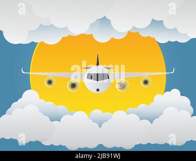 Flugzeug mit Wolken und Sonne auf blauem Hintergrund.Papierkunst, Vektorgrafik Stock Vektor
