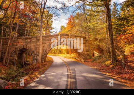 Die Stanley Brook Bridge im Acadia National Park an einem sonnigen Herbsttag Stockfoto