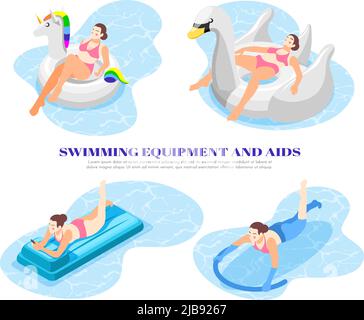 Isometrische 4x1-Symbole mit Personen, die Schwimmausrüstung verwenden, und Hilfsmitteln in Pool 3D, isolierter Vektorgrafik Stock Vektor