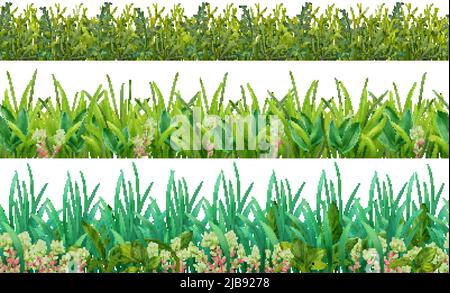 Realistische Grassattierungen von grünen Blättern Laubpflanzen 3 horizontale dekorative nahtlose Muster Set isoliert Vektor-Illustration Stock Vektor