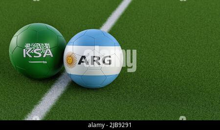 Argentinien gegen Saudi-Arabien Fußballspiel - Lederbälle in Argentinien und Saudi-Arabien nationalen Farben. 3D Rendering Stockfoto