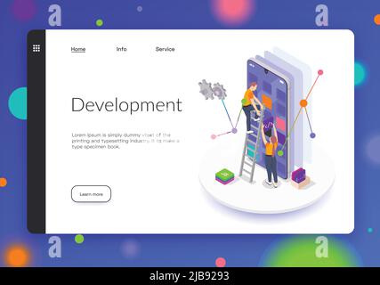 Programmierung Codierung Entwicklung isometrischen Banner oder Landing Page mit Home-Info und Service-Links und Schaltflächen Vektor-Illustration Stock Vektor