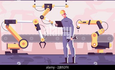 Robotik Herstellung flache Zusammensetzung mit industriellen Roboterarm Manipulatoren von Ingenieur Charakter mit Fließband Vektor illustrati gesteuert Stock Vektor