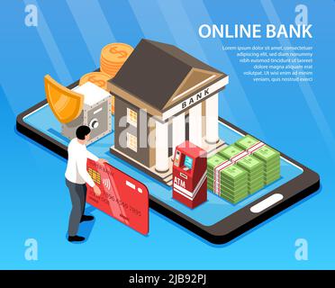 Mann mit Online-Bank-Anwendung 3D isometrische Vektor-Illustration Stock Vektor