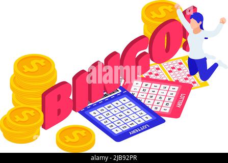 Bingo Lotterie bunte isometrische Zusammensetzung mit Tickets Münzen glücklich Charakter Vektor Illustration Stock Vektor