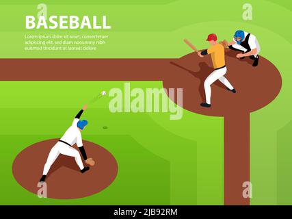 Baseballspieler auf dem Sportplatz 3D isometrische horizontale Vektorgrafik Stock Vektor