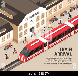 Ankommendes Bahnhofsgebäude und Passagiere mit Gepäck 3D isometrische Vektordarstellung Stock Vektor