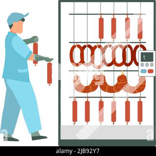 Fleischverarbeitungsanlage flache Zusammensetzung mit Fabrik Küchenausstattung mit Arbeitern in einheitlichen hängenden Fleisch Produkte Vektor-Illustration Stock Vektor