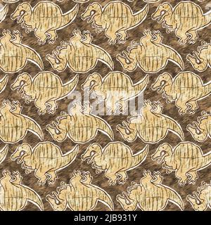 Braunes, handgezeichnetes Spinosaurus-Dinosaurier-Nahtloses Muster. Gender Neutral Jurassic fossile Silhouette für Baby-Nursery. Home Dekor für Museum, Aussterben Stockfoto