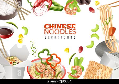 Chinesische Nudeln Gerichte mit Garnelen Paprika Erbsenschoten Sauce realistische asiatische Lebensmittel weißen Hintergrund Frame Vektorgrafik Stock Vektor