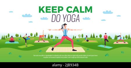 Halten Sie ruhig tun Yoga Online-Kurse stellt Werbung flache horizontale Zusammensetzung mit Outdoor üben Menschen Vektor Illustration Stock Vektor