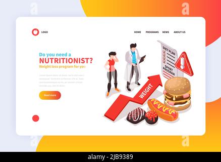 Isometrischer Ernährungsberater Konzept Banner für Website mit anklickbaren Links Text und Menschen mit ungesunden Lebensmitteln Vektor Illustration Stock Vektor