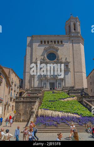 GIRONA, SPANIEN - 11. MAI 2022: Kathedrale von Girona, auch bekannt als Kathedrale der Heiligen Maria von Girona, während des Blumenfestes Stockfoto