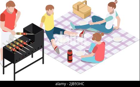 Familie mit Picknick Grill Kochen Essen im Freien 3D isometrische Vektor-Illustration Stock Vektor