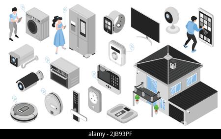 Isometrisches Smart Home horizontales Set mit isolierten Symbolen von elektronischen Geräten und Bildern von Haushaltsgeräten Vektordarstellung Stock Vektor