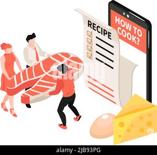 Isometrische Kochschule Komposition mit Smartphone Rezept Zutaten und menschlichen Zeichen Vektor-Illustration Stock Vektor