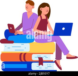 Zwei Menschen, die online mit Laptops auf Stapel von Büchern flache Vektor-Illustration sitzen studieren Stock Vektor