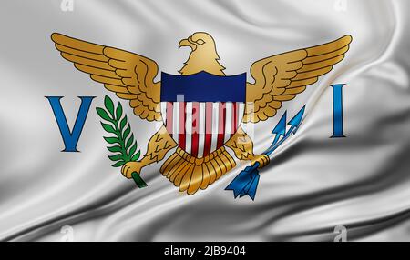 Jungferninseln der Vereinigten Staaten Flagge Vollbild Hintergrund, Seide farbric, Nahaufnahme winken im Wind Stockfoto