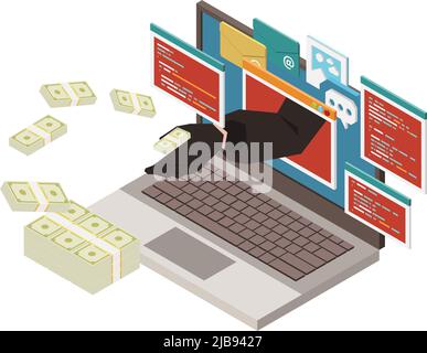 Phishing isometrisches Konzept mit Hacker stehlen Geld Kreditkarte persönliche Informationen Vektor Illustration Stock Vektor