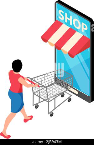 Online-Shopping isometrisches Konzept Icon mit Smartphone und Kunde mit leerem Trolley 3D Vektorgrafik Stock Vektor