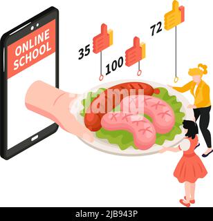 Online Kochschule isometrische Zusammensetzung mit Smartphone Würstchen auf dem Teller und menschliche Zeichen 3D Vektor-Illustration Stock Vektor