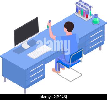 Science Lab isometrische Ikone mit Charakter an seinem Arbeitsplatz Kolben und Röhrchen auf Schreibtisch Vektorgrafik Stock Vektor