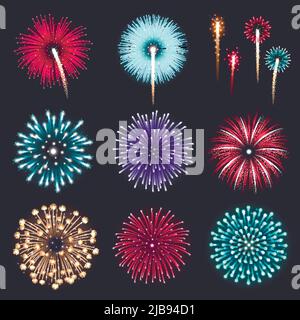 Set von realistischen funkelnden farbigen Feuerwerk isoliert auf schwarzem Hintergrund Vektor-Illustration Stock Vektor