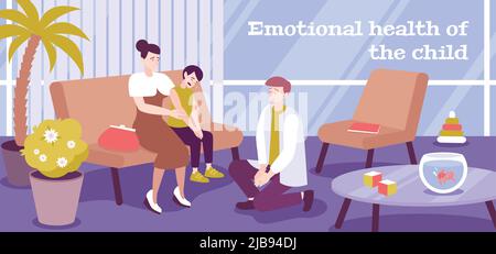 Emotionale Gesundheit des Kindes flaches Poster mit verstörter Frau und ihrem weinenden Sohn bei Arzttermin Vektor-Illustration Stock Vektor