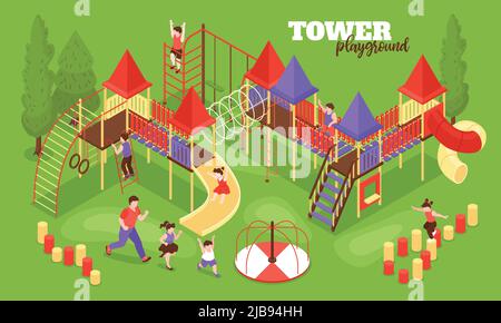 Isometrische Kinder Spielplatz Hintergrundkomposition mit Text und Outdoor-Landschaft mit menschlichen Charakteren von laufenden Kindern Vektor-Illustration Stock Vektor