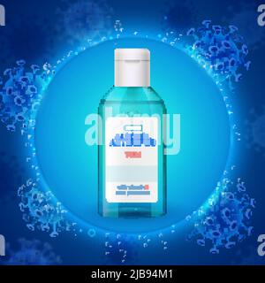 Hohe Alkoholkonzentration antiseptische Desinfektionsmittel realistische grüne transparente Plastikflasche gegen leuchtend blaue Virus Hintergrund Vektor-Illustration Stock Vektor