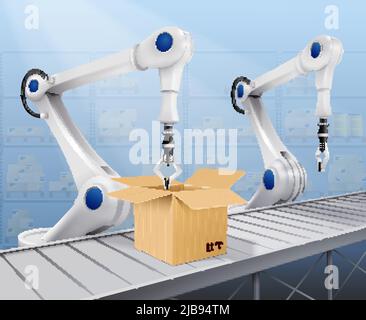 Roboterarm realistischer Hintergrund mit Verpackung Waren Symbole Vektor-Illustration Stock Vektor