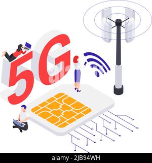 5G Internet-Konzept mit sim-Karte WiFi-Signal-Antenne und menschliche Zeichen isometrische 3D Vektor-Illustration Stock Vektor