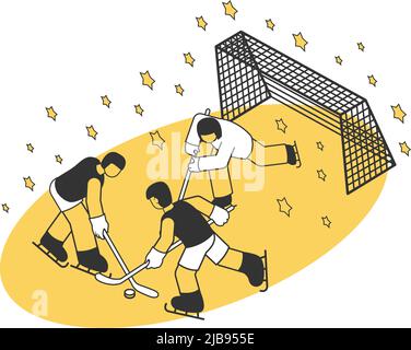 Isometrische Zusammensetzung des Stadions mit drei Personen spielen Hockey 3D Vektor-Illustration Stock Vektor