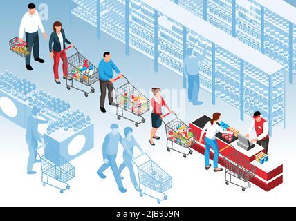 Isometrischer Warteschlangenhintergrund mit Kunden, die bei der Vektorgrafik Supermarkt 3D in der Schlange stehen Stock Vektor