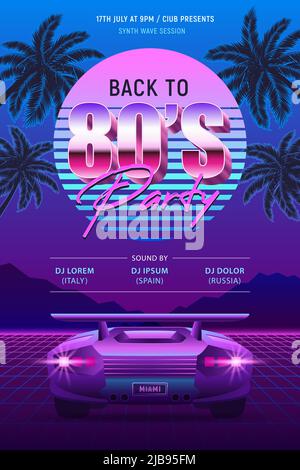 Realistisches vertikales Poster mit Retro-Wellen-Party mit futuristischen Palmblättern und Kunstwerken mit reich verzierten Textvektoren Stock Vektor