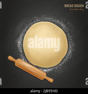 Realistischer Brotteig Mehl Hintergrund mit Text und Zusammensetzung von flachen Teig Mehl und Nudelholz Vektorgrafik Stock Vektor