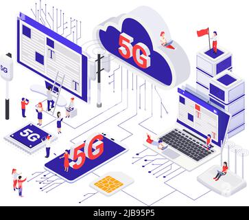 Modernes 5G Internet-Kommunikationskonzept mit Router Cloud sim-Karte Handy-Chip zelluläre Antenne isometrische Vektor-Illustration Stock Vektor