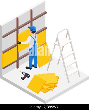 Renovierung Reparatur arbeitet isometrische Zusammensetzung mit männlichen Arbeiter halten Wandplatten mit Bohrer Vektor Illustration Stock Vektor